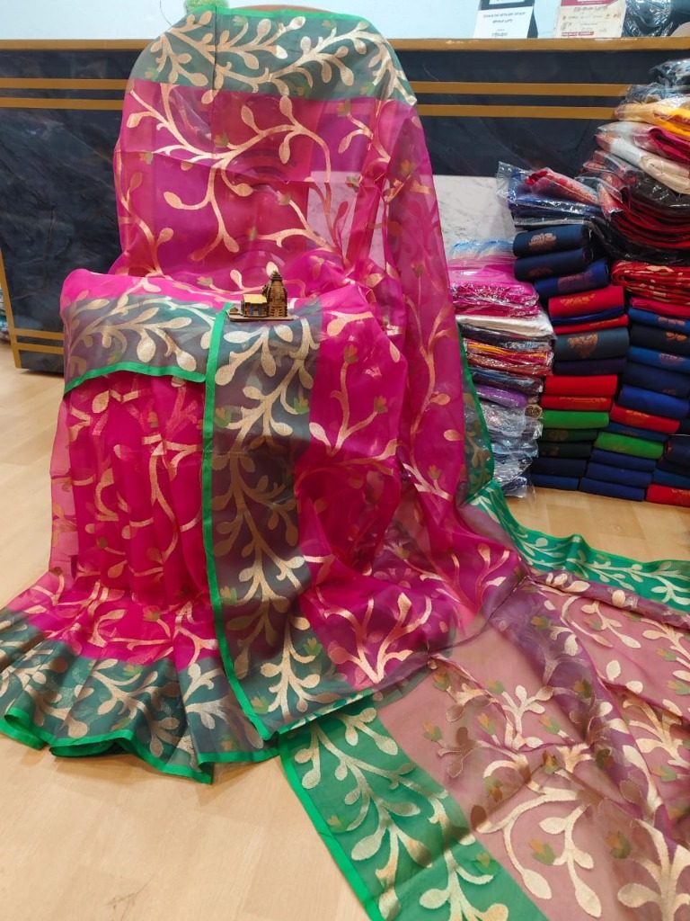 Original Quality Muslin Organza Saree with Contrast Zari Border